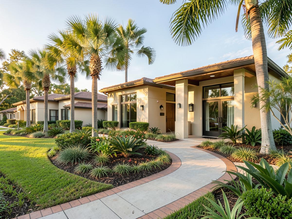 Senior living community in Florida with palm trees and garden walkway
