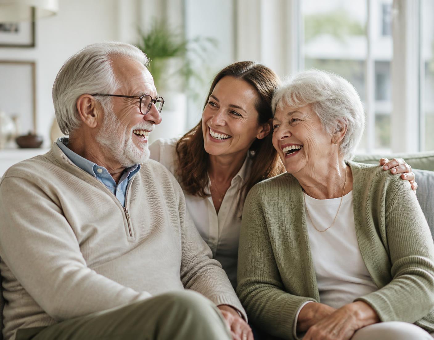 Adult daughter laughing with her elderly parents at home